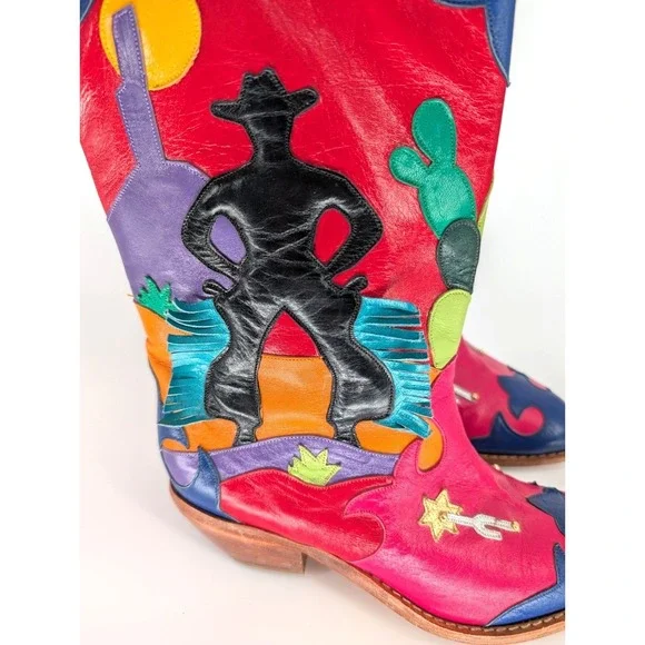 VTG Zalo Multicolor Leather Fringe Cowboy Boots 6.5 Western Boho Festival Art
